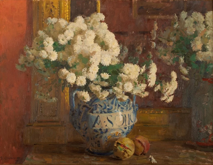 Vaso con dalie e melograni